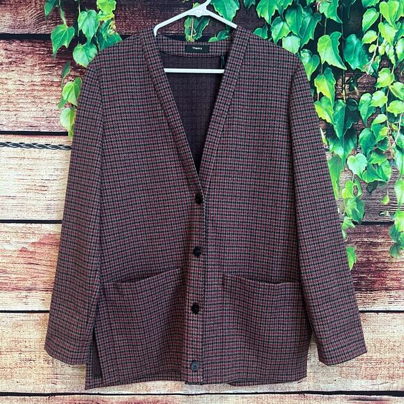 Theory Collin Houndstooth Knit Cardigan Womens Small Merlot Multi Blazer $175 - Picture 6 of 9
